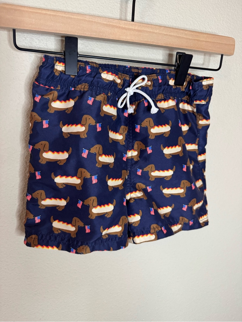 Janie & Jack Dachshund Hot Dog Swim Trunks Boys Size 5 Navy Patriotic